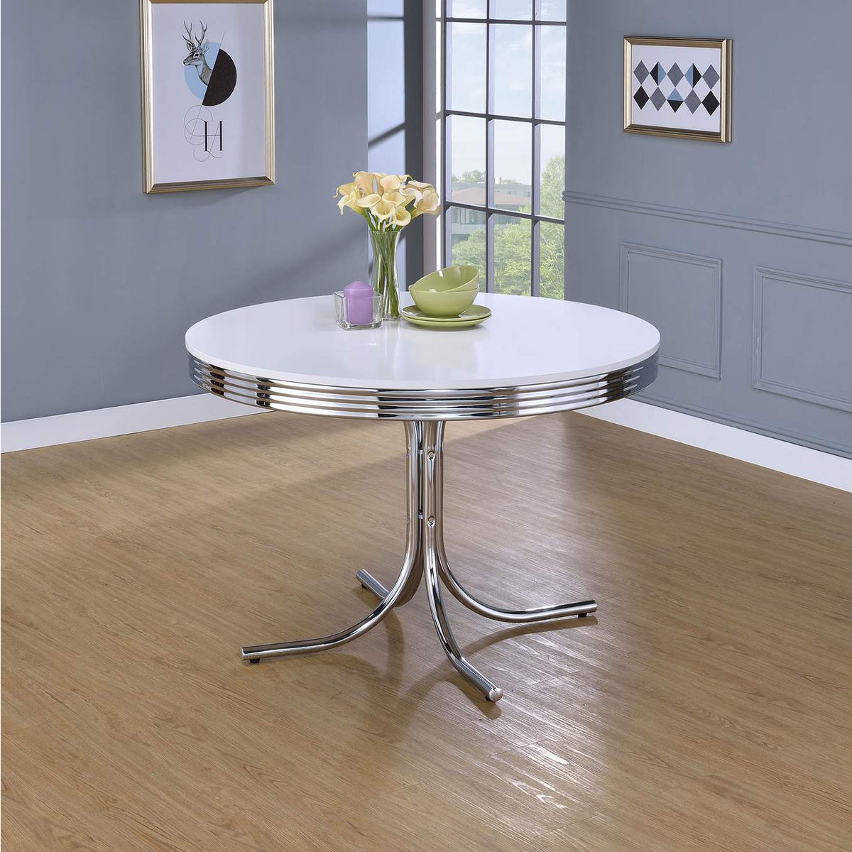 2388 Retro Round 42-inch Wood Top Dining Table White and Chrome