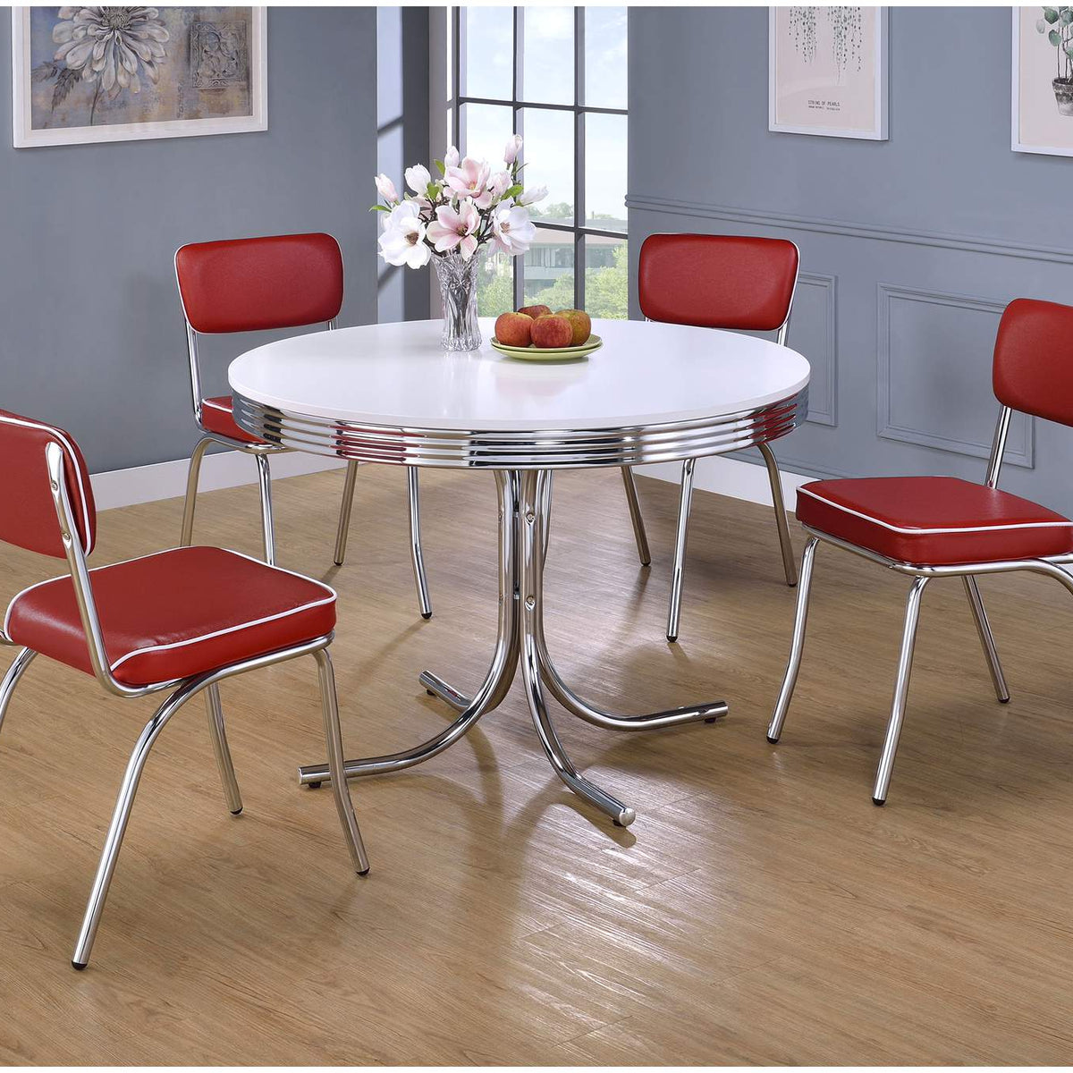 2388 Retro Round 42-inch Wood Top Dining Table White and Chrome