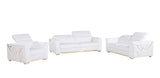 Set of white leather furniture including a sofa and two armchairs on a white background