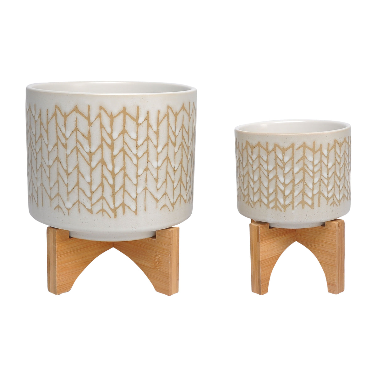 Chevron Planter With Wood Stand 5 / 8" (Set of 2) - Beige
