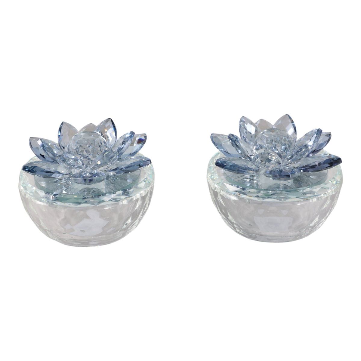 Glass Trinket Box With Lotus Top (Set of 2) - Clear / Light Blue