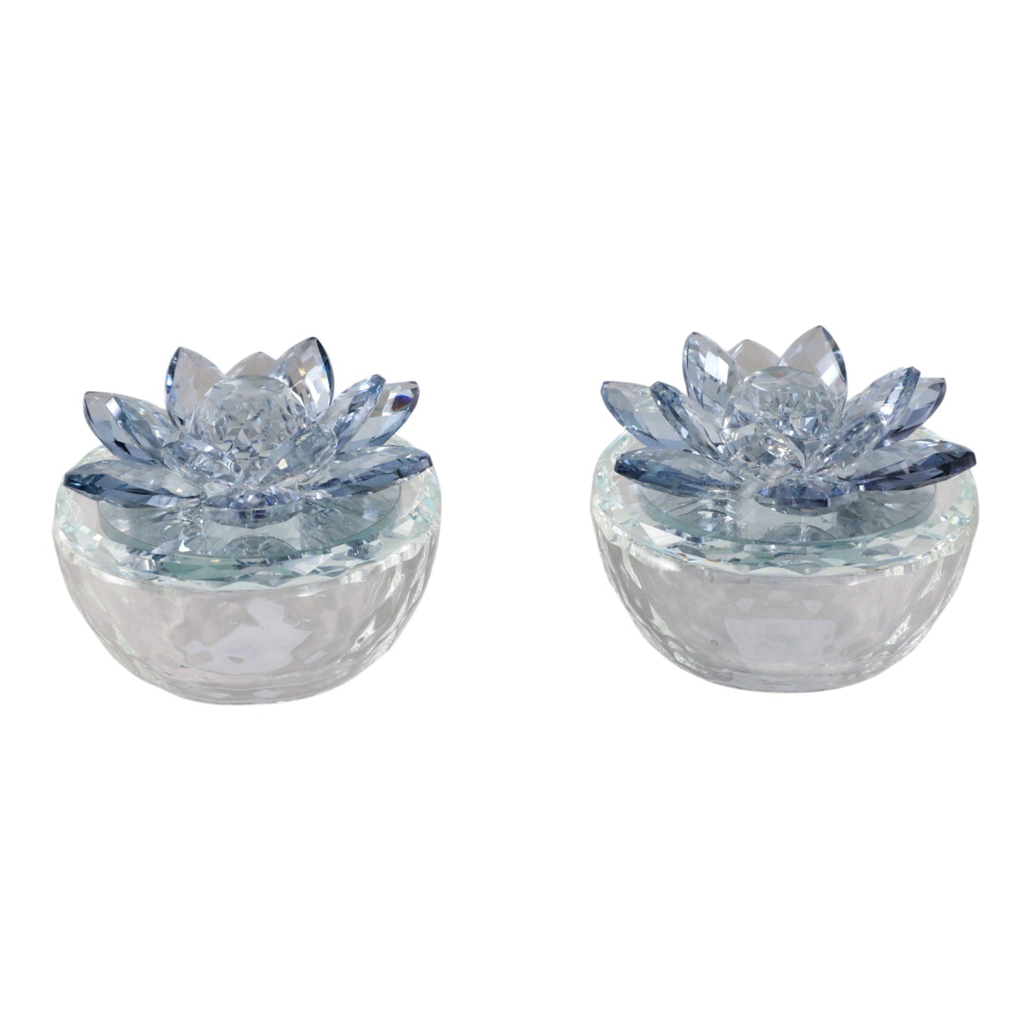 Glass Trinket Box With Lotus Top (Set of 2) - Clear / Light Blue