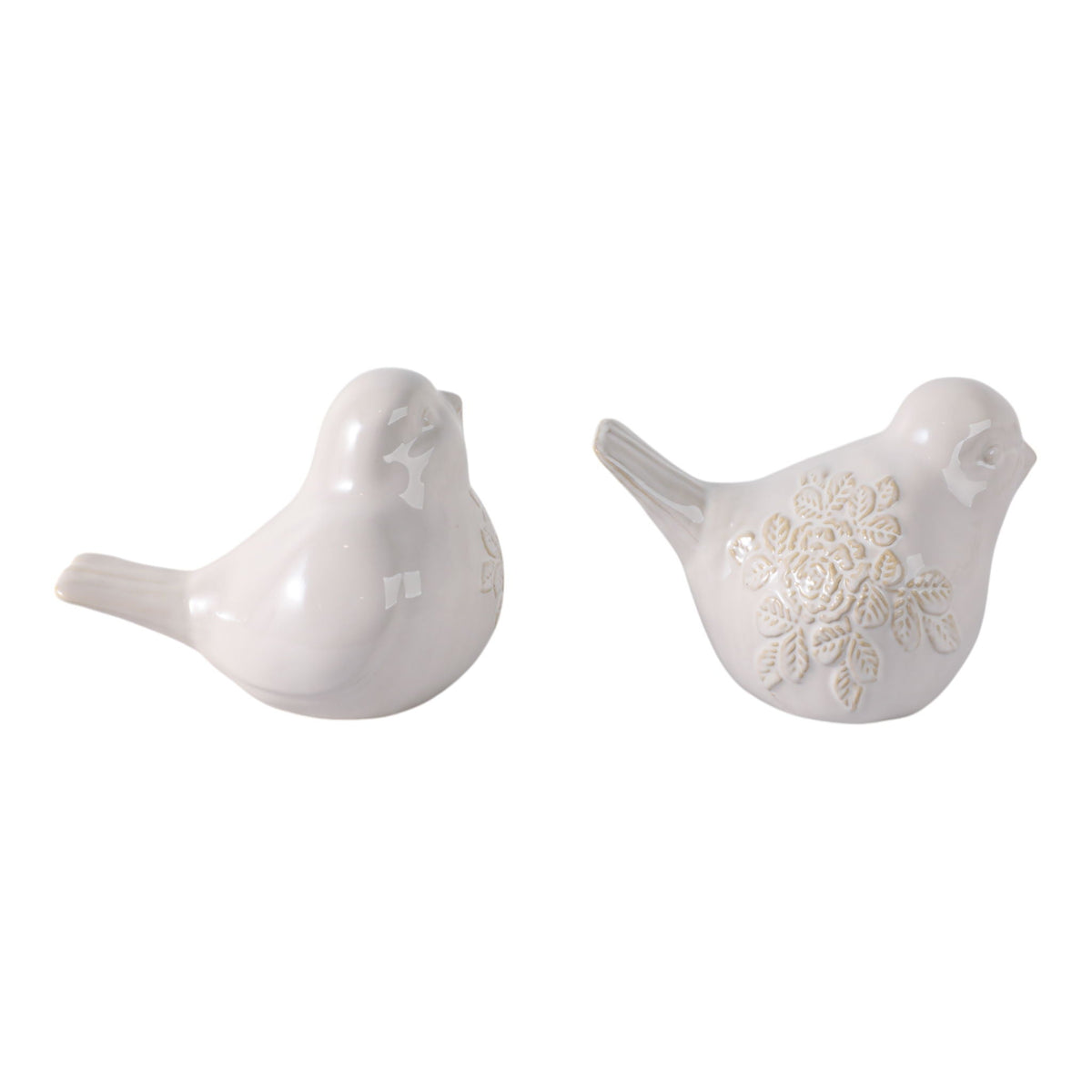 Ceramic Birds With Flower Decals (Set of 2) - Ivory