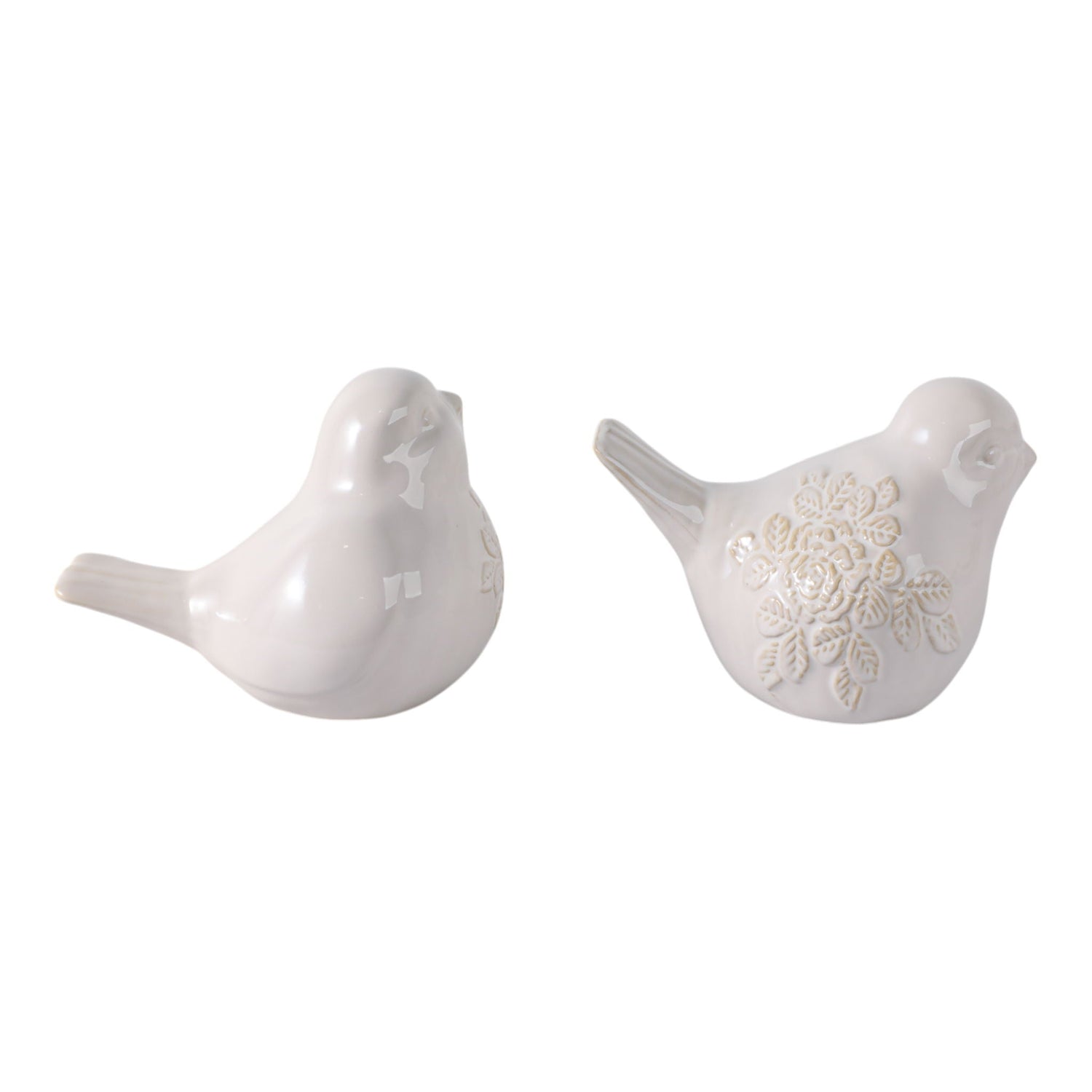 Ceramic Birds With Flower Decals (Set of 2) - Ivory