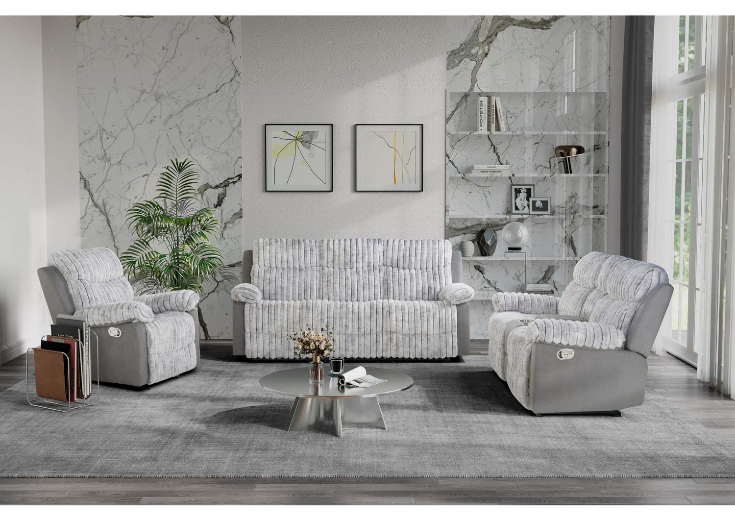 U6028-GREY-RS_CRLS_GR-N U6028 GREY RECLINING SOFA - CONSOLE RECLINING LOVESEAT - GLIDER RECLINER