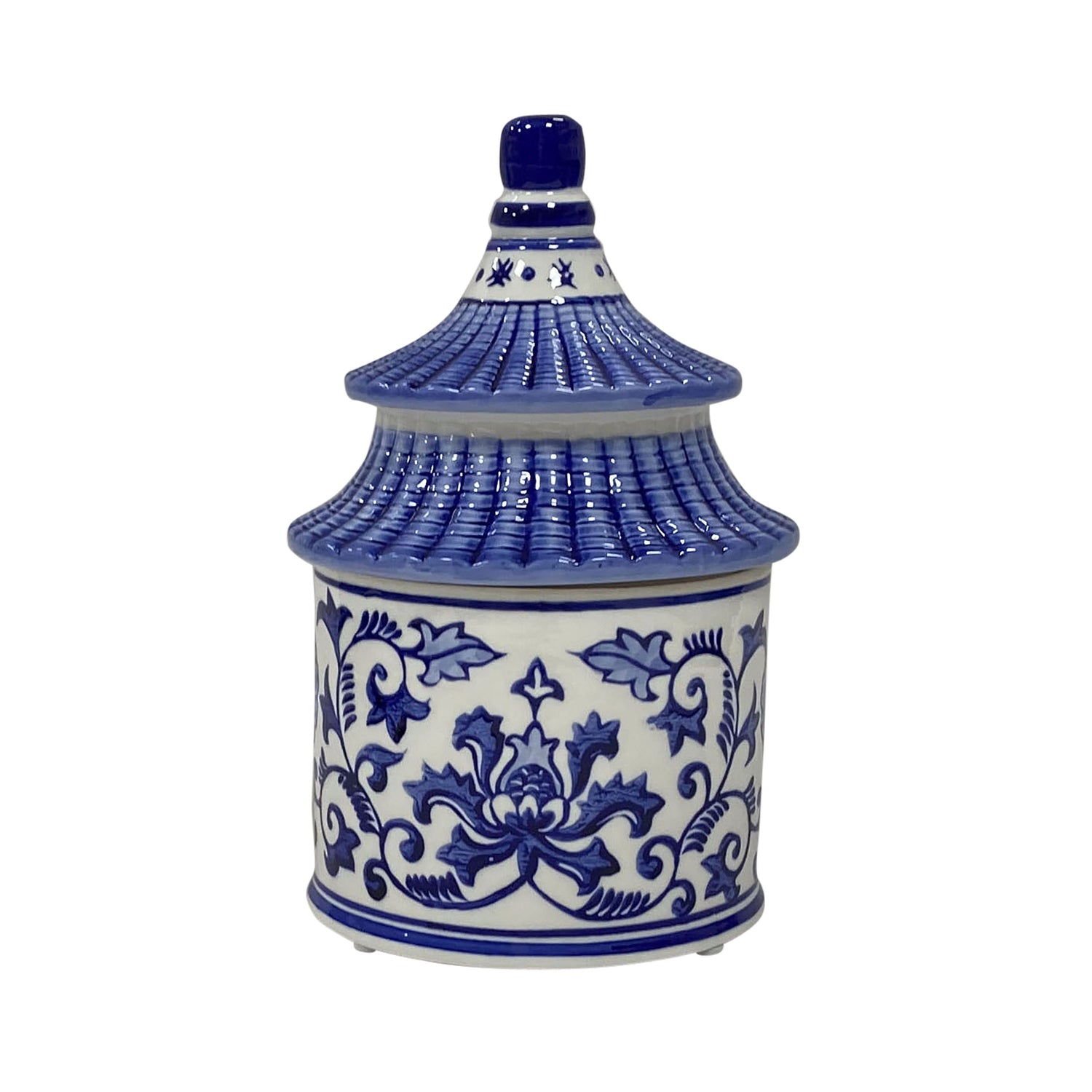 8" - 9 Oz Plumeria Chinoiserie Pagoda Candle - Blue / White