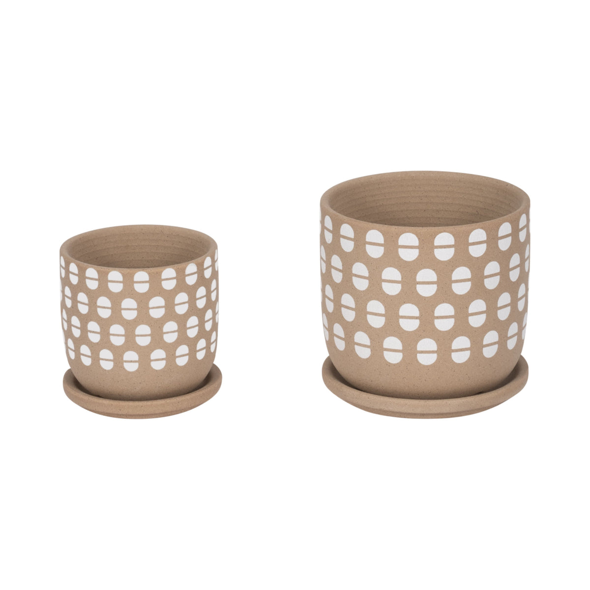 5" / 6" Hand Stamped Saucer Planters (Set of 2) - Tan / White