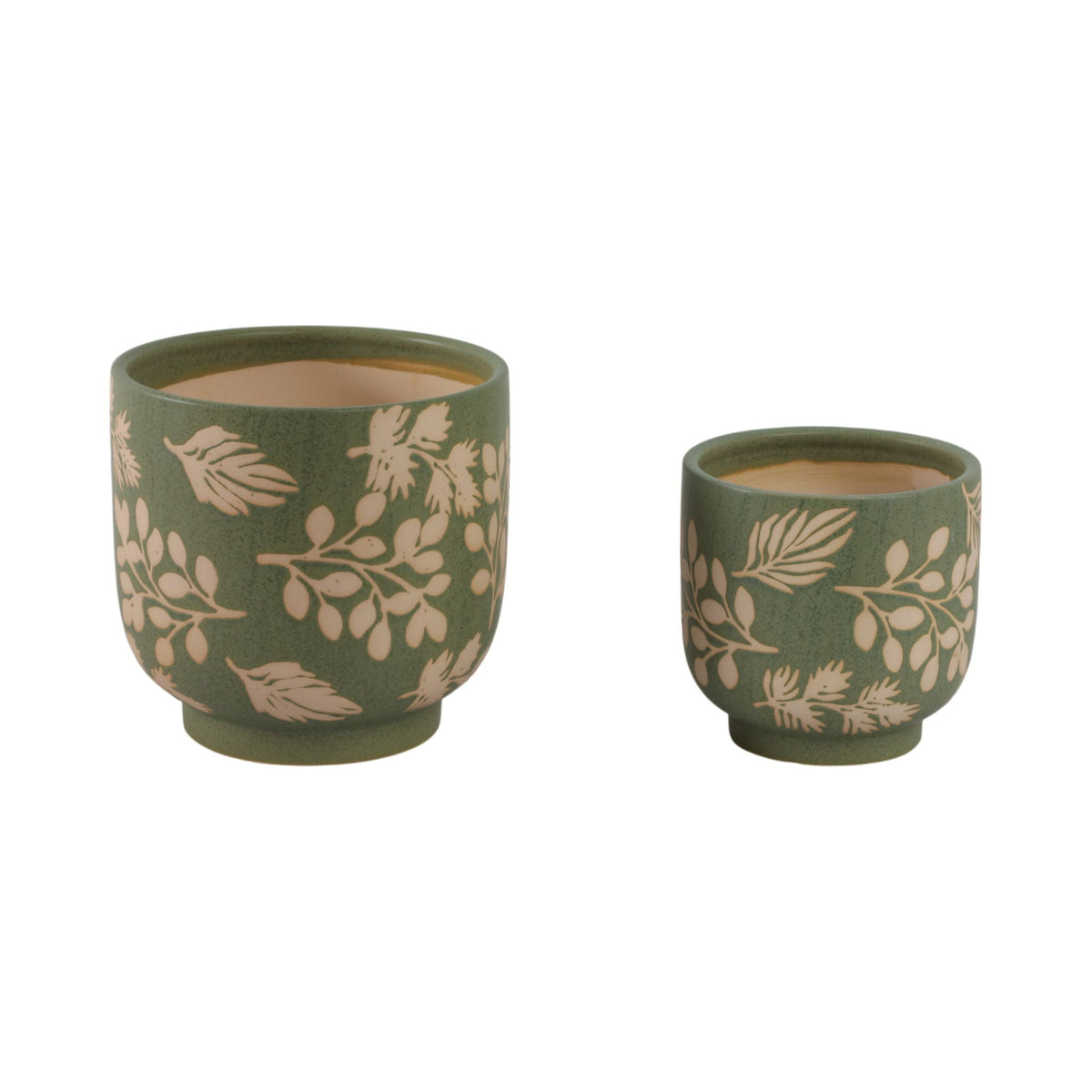 6" / 8" Hand Painted Leaves Planters (Set of 2) - Green / Tan