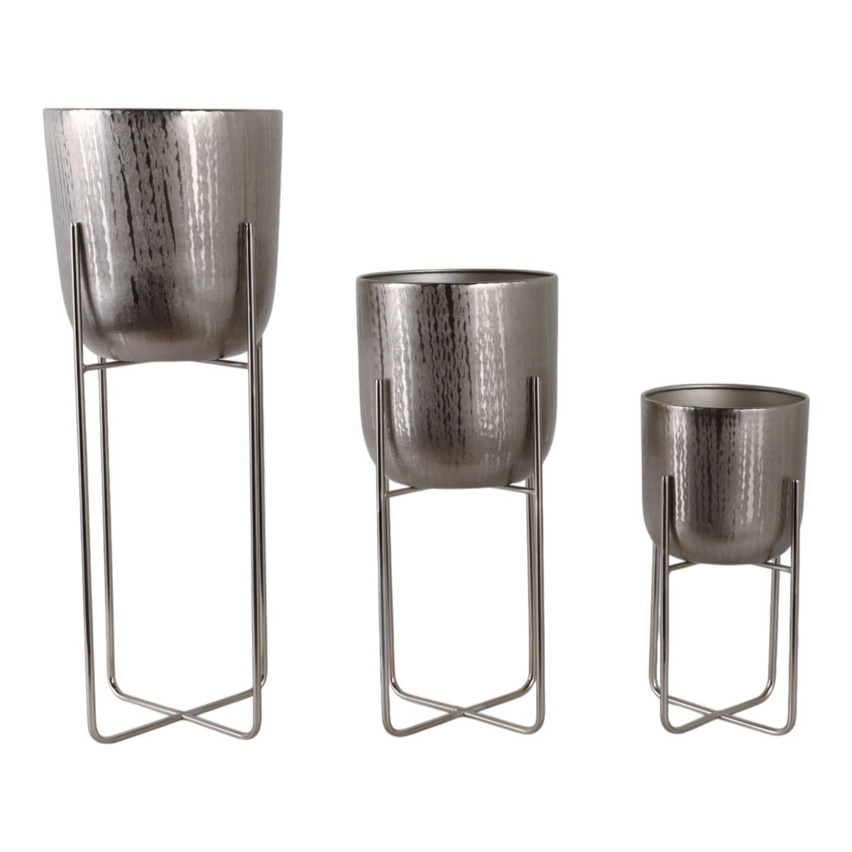 15" / 20" / 27" Etched Metal Planter On Stand (Set of 3) - Silve