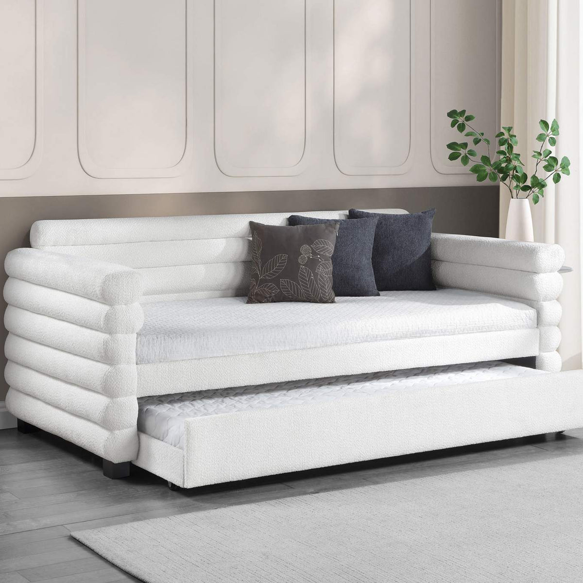 300716 Patricia Boucle Upholstered Twin Day Bed with Trundle White