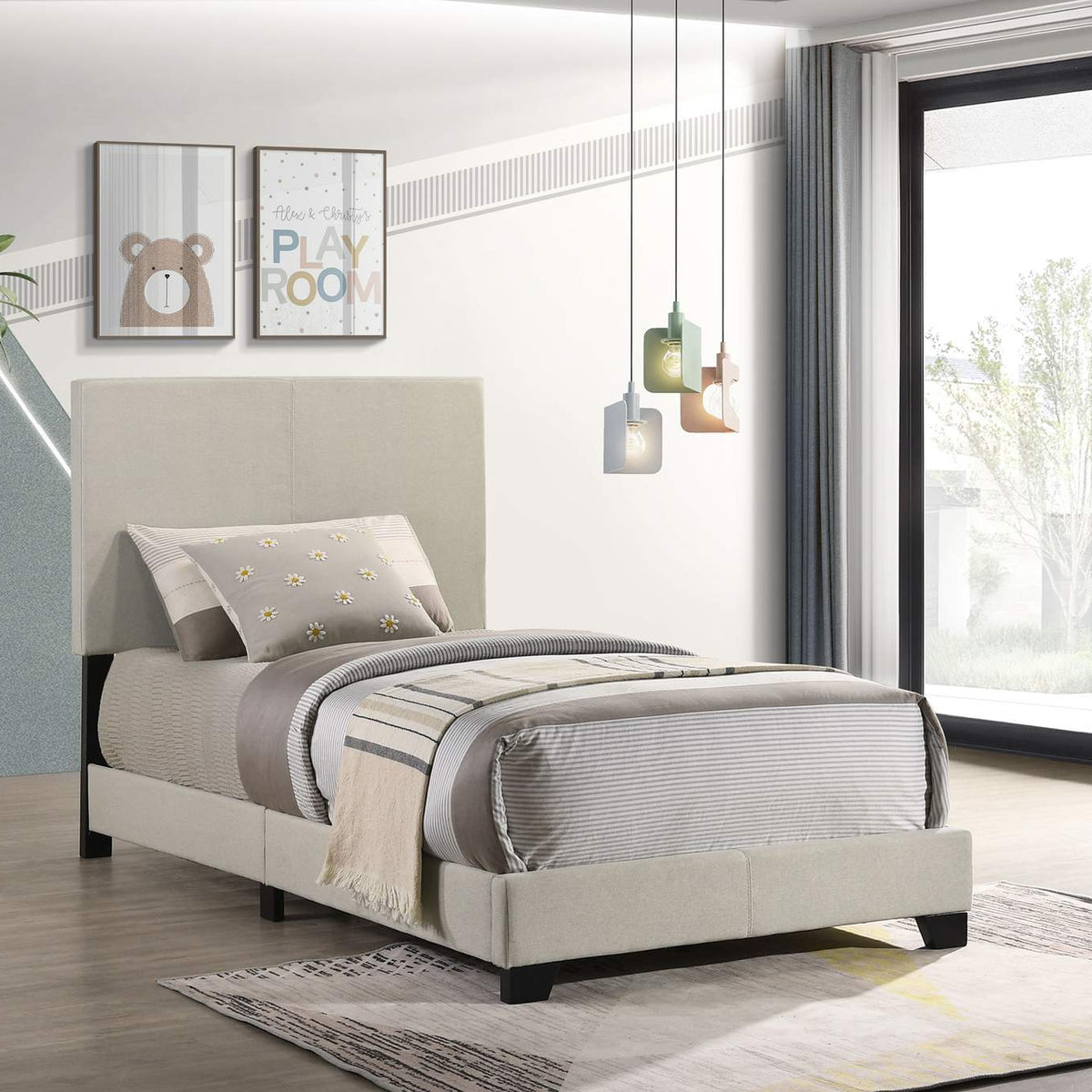 300852T Dorian Fabric Upholstered Twin Panel Bed Cream