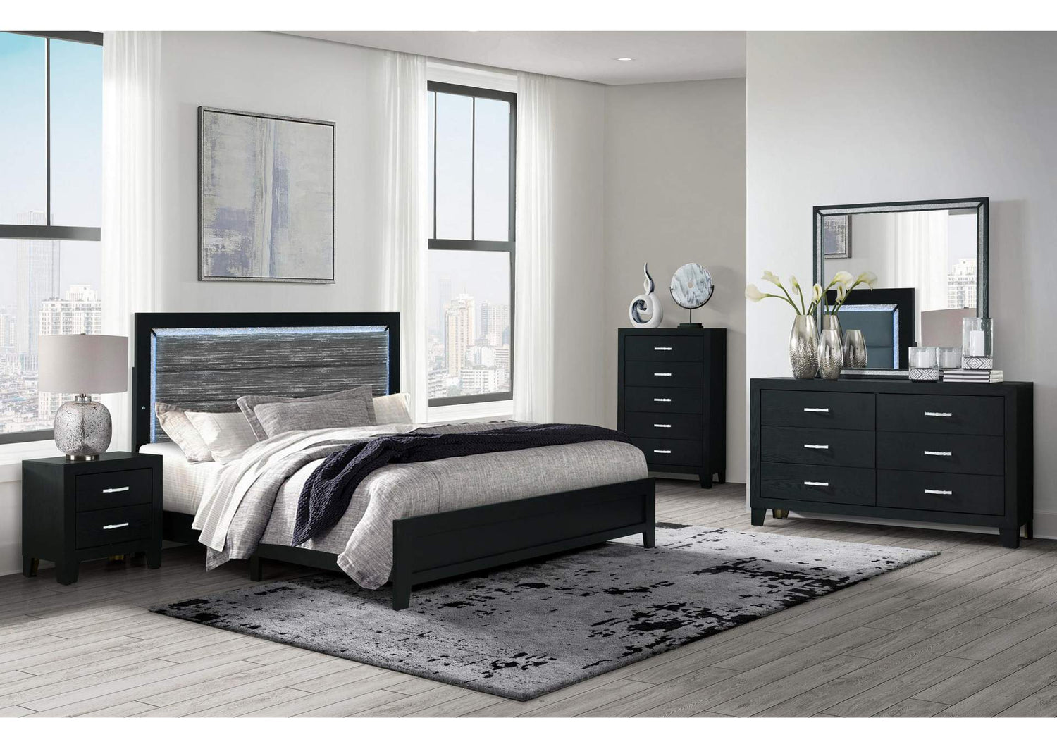 REID-BLACK-KBG_W_LED-N REID BLACK KING BED GROUP WITH LED