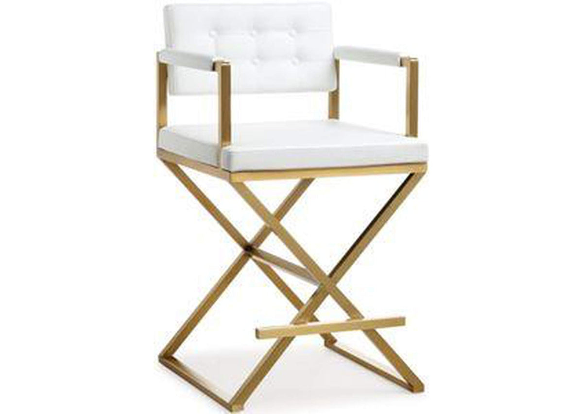 TOV-K3670 Director White Performance Vegan Leather and Gold Steel Barstool