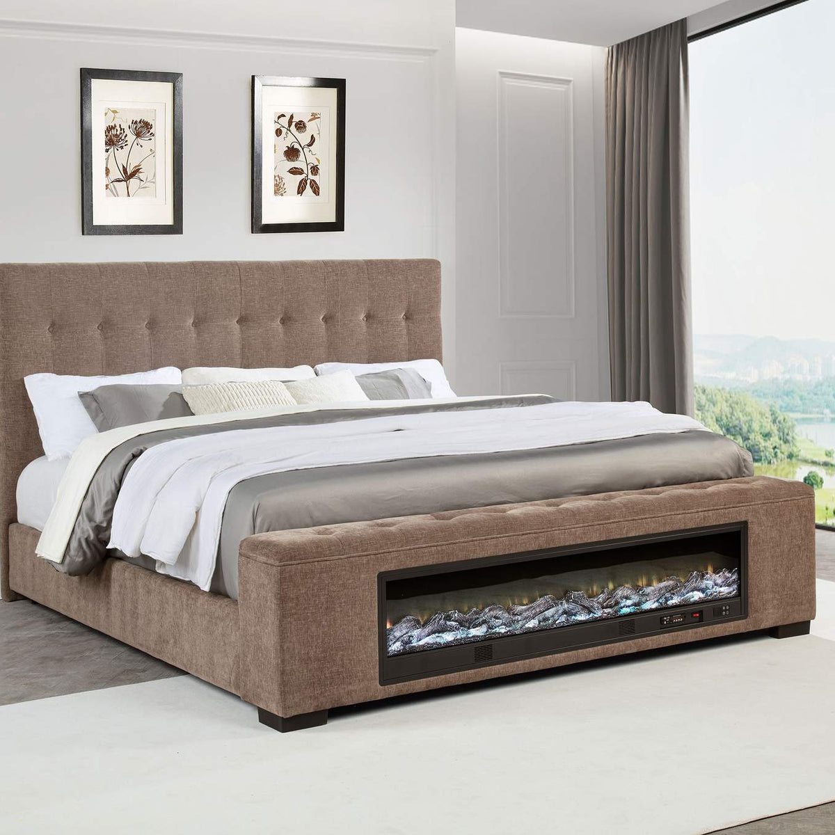 305811KE Senna Upholstered Eastern King Audio Flame Visualizer Bed Brown
