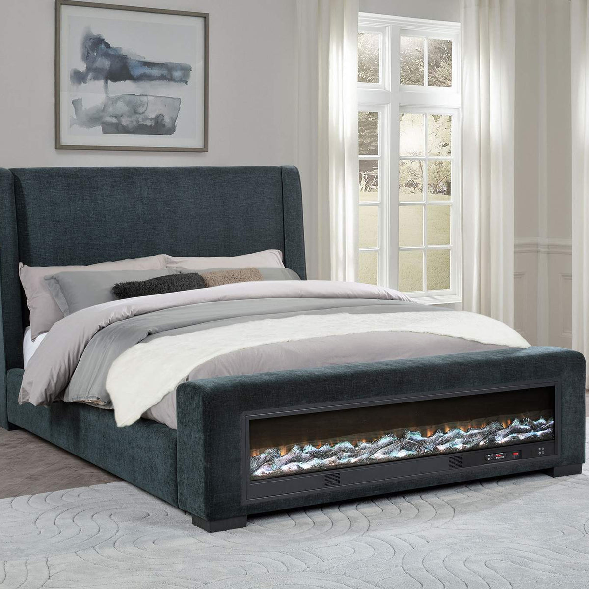 305821KE Preston Upholstered Eastern King Audio Flame Visualizer Bed Dark Blue
