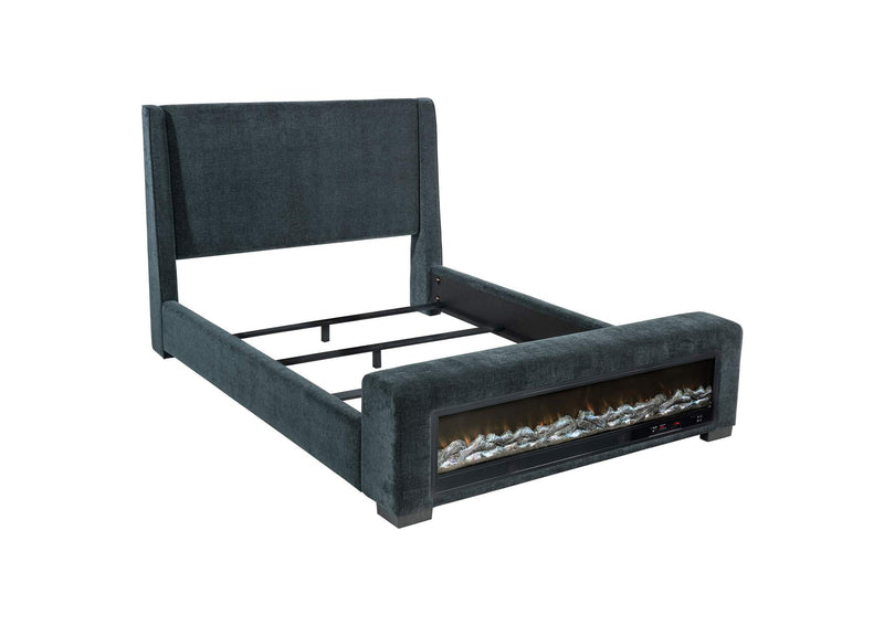 305821KE Preston Upholstered Eastern King Audio Flame Visualizer Bed Dark Blue