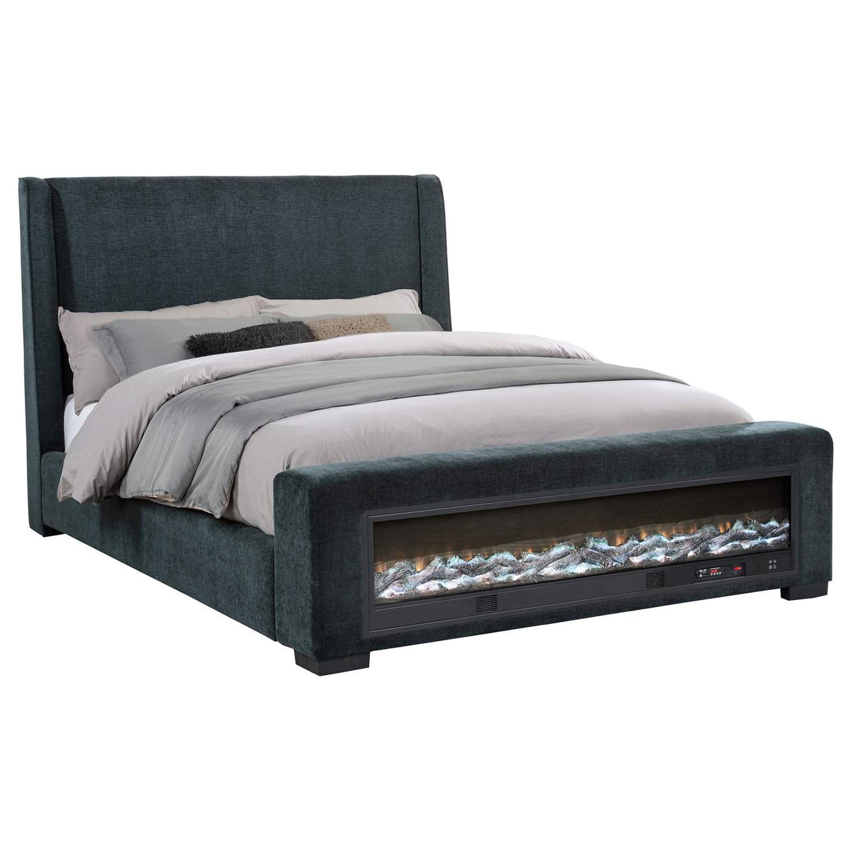 305821KE Preston Upholstered Eastern King Audio Flame Visualizer Bed Dark Blue
