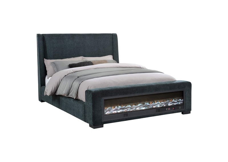 305821Q Preston Upholstered Queen Audio Flame Visualizer Bed Dark Blue