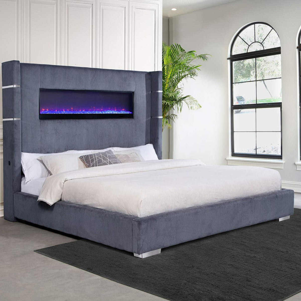 306030KE Tisdall Upholstered Eastern King Flame Visualizer Bed Grey