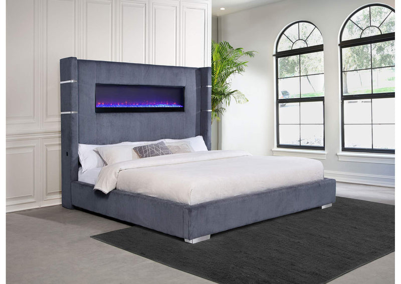 306030KE Tisdall Upholstered Eastern King Flame Visualizer Bed Grey