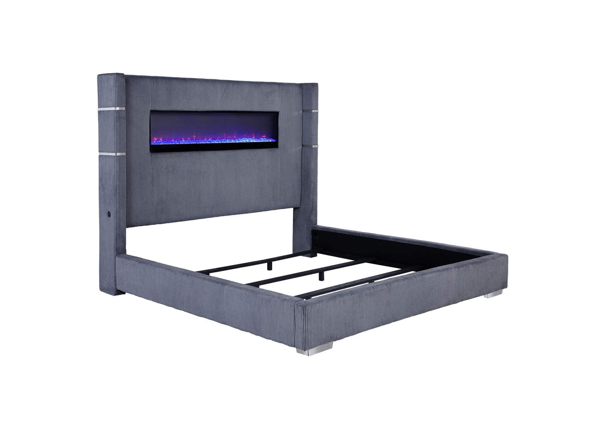 306030KE Tisdall Upholstered Eastern King Flame Visualizer Bed Grey