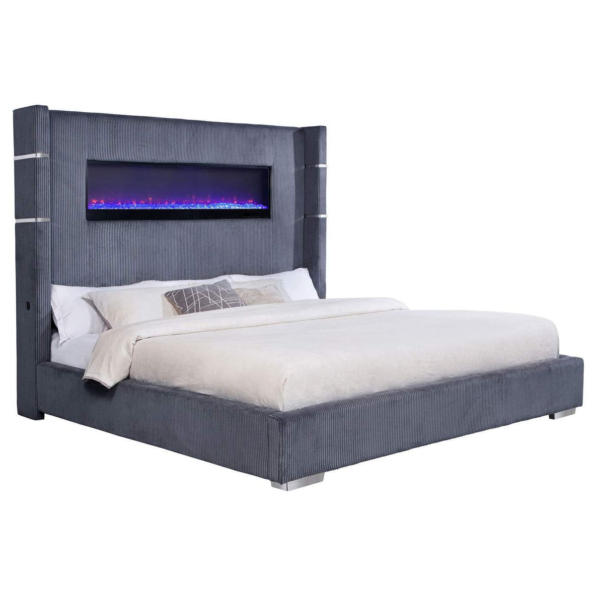306030KE Tisdall Upholstered Eastern King Flame Visualizer Bed Grey