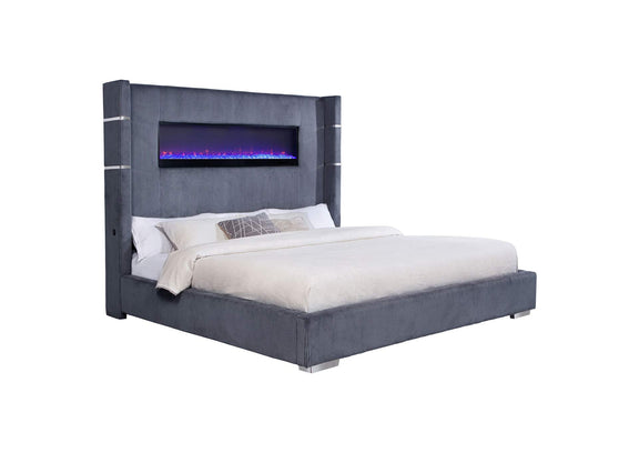 306030KE Tisdall Upholstered Eastern King Flame Visualizer Bed Grey