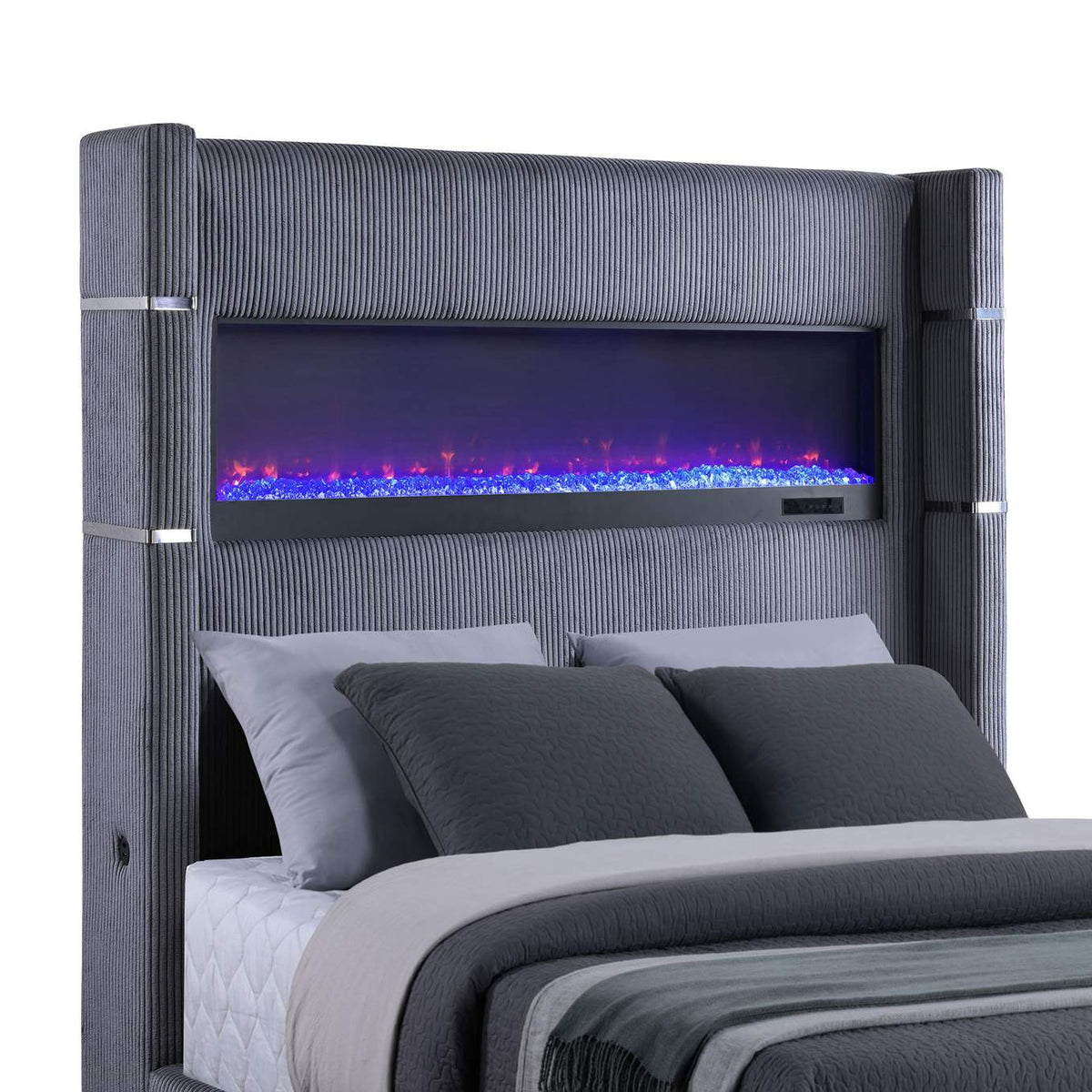 306030KE Tisdall Upholstered Eastern King Flame Visualizer Bed Grey