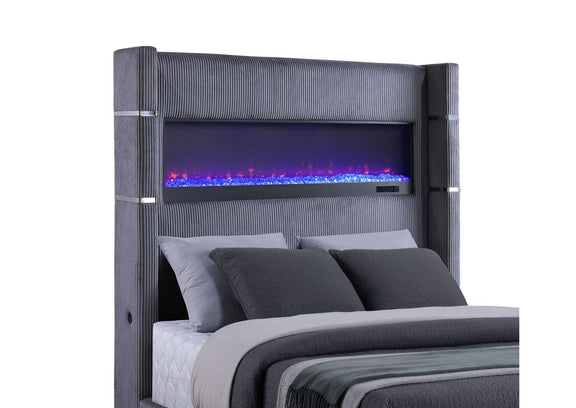 306030KE Tisdall Upholstered Eastern King Flame Visualizer Bed Grey