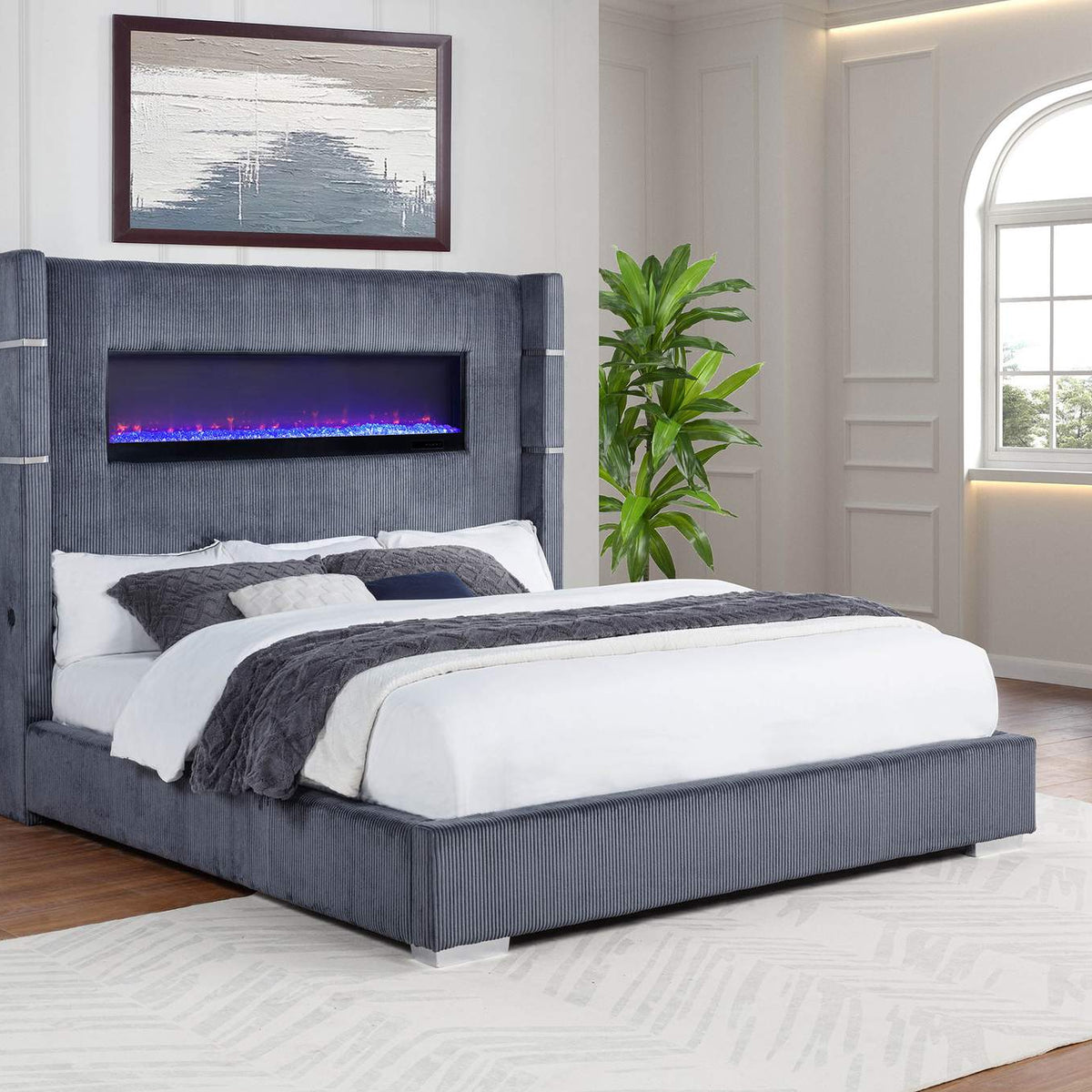 306030KW Tisdall Upholstered Cal King Flame Visualizer Bed Grey