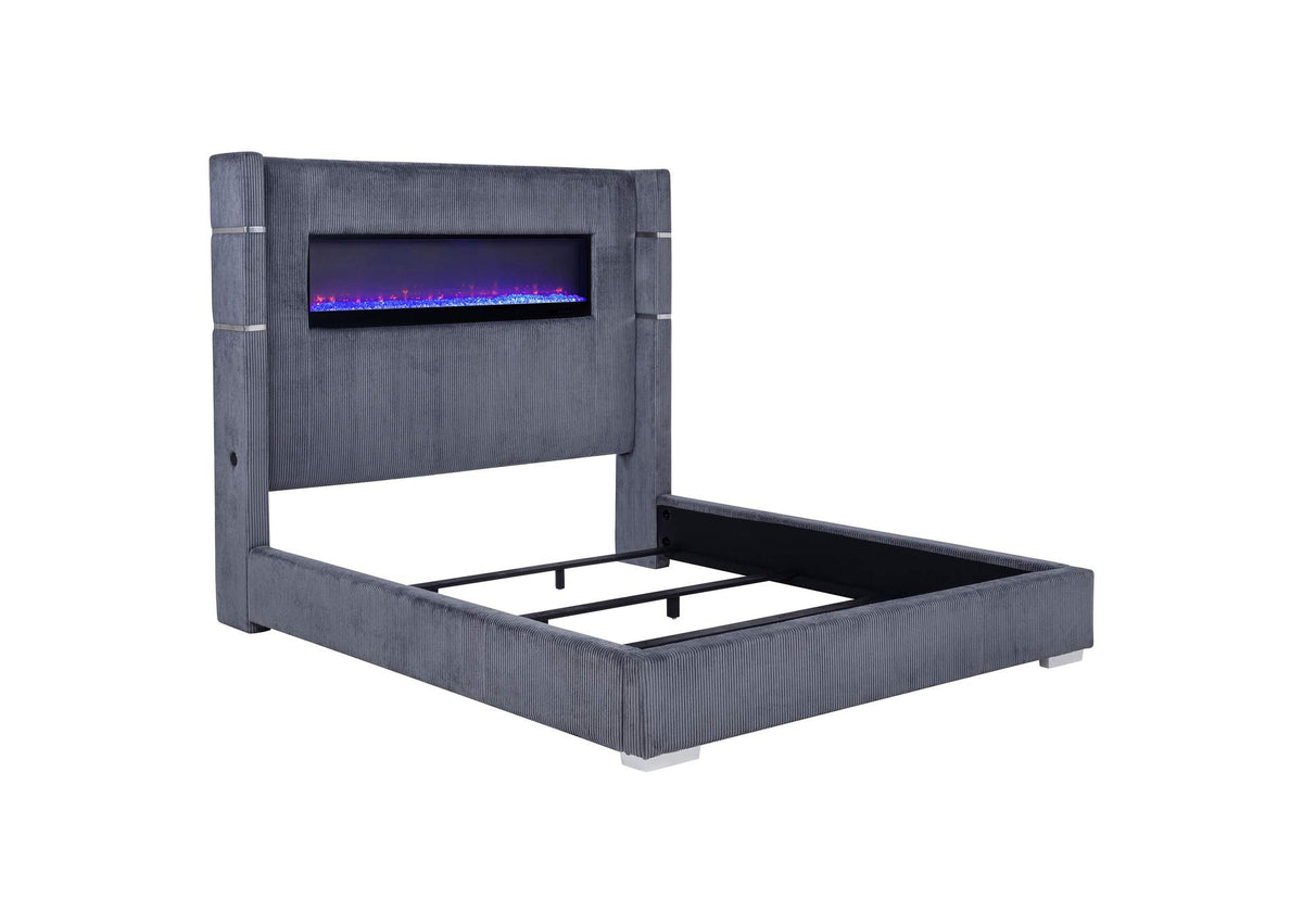 306030KW Tisdall Upholstered Cal King Flame Visualizer Bed Grey