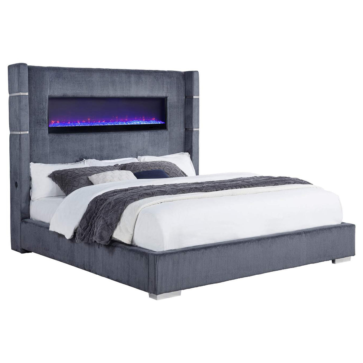 306030KW Tisdall Upholstered Cal King Flame Visualizer Bed Grey