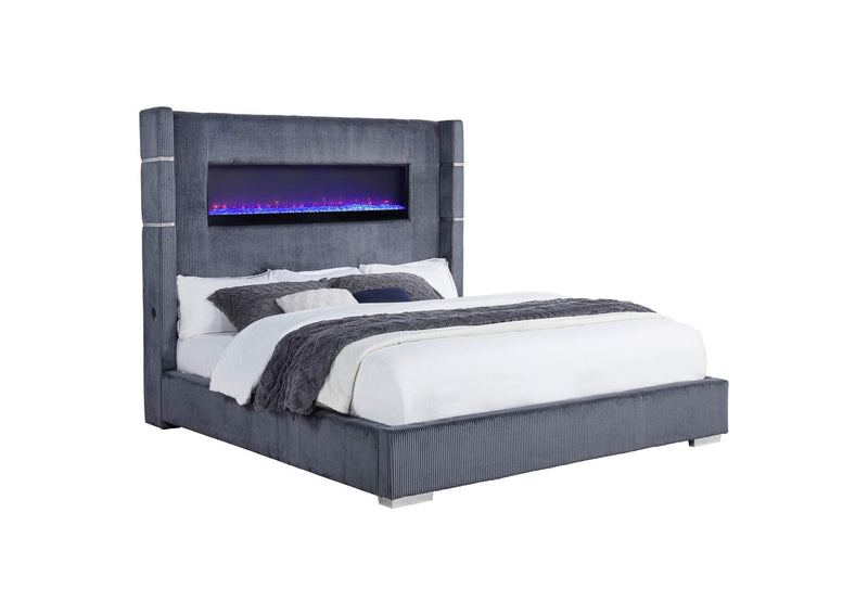 306030KW Tisdall Upholstered Cal King Flame Visualizer Bed Grey