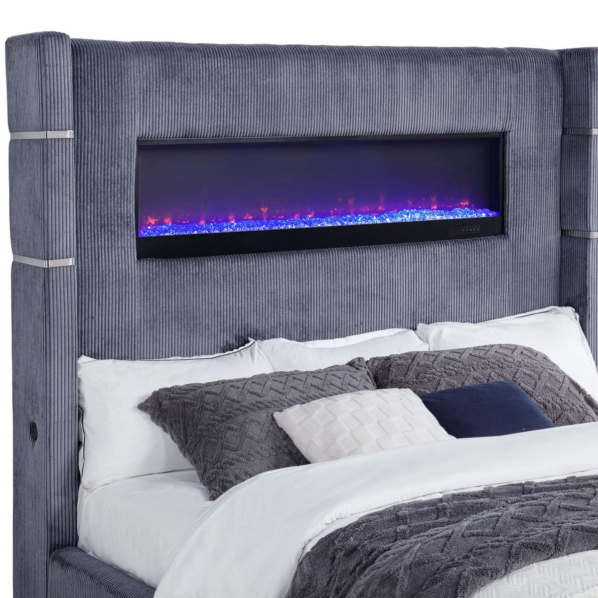 306030KW Tisdall Upholstered Cal King Flame Visualizer Bed Grey