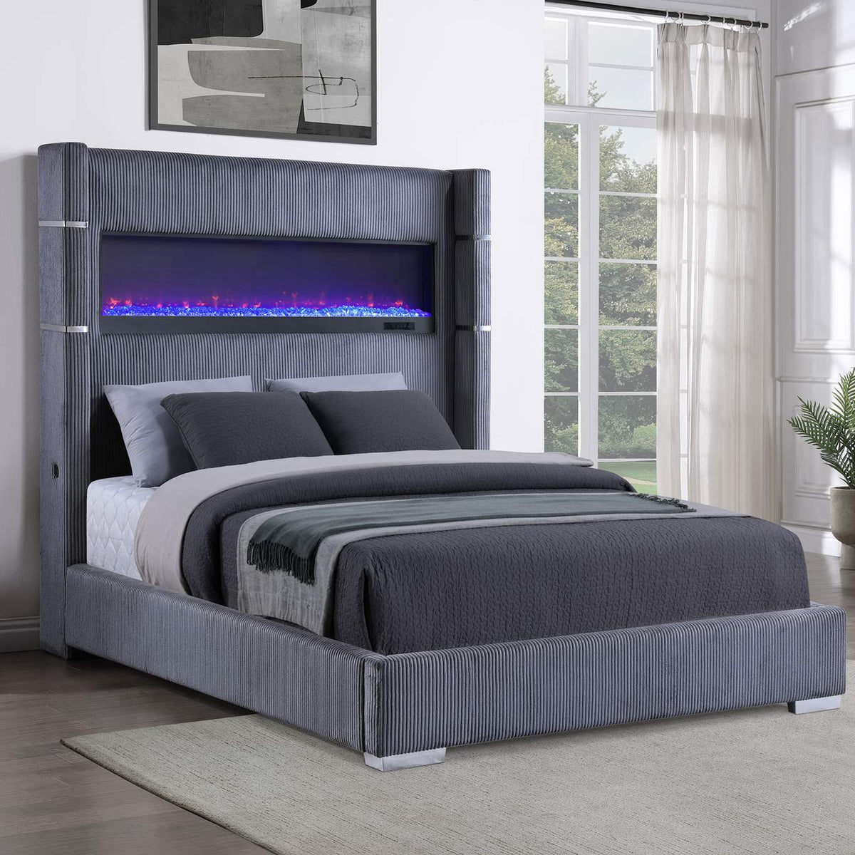 306030Q Tisdall Upholstered Queen Flame Visualizer Bed Grey