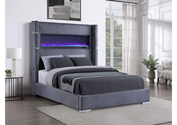 306030Q Tisdall Upholstered Queen Flame Visualizer Bed Grey