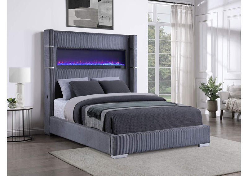 306030Q Tisdall Upholstered Queen Flame Visualizer Bed Grey