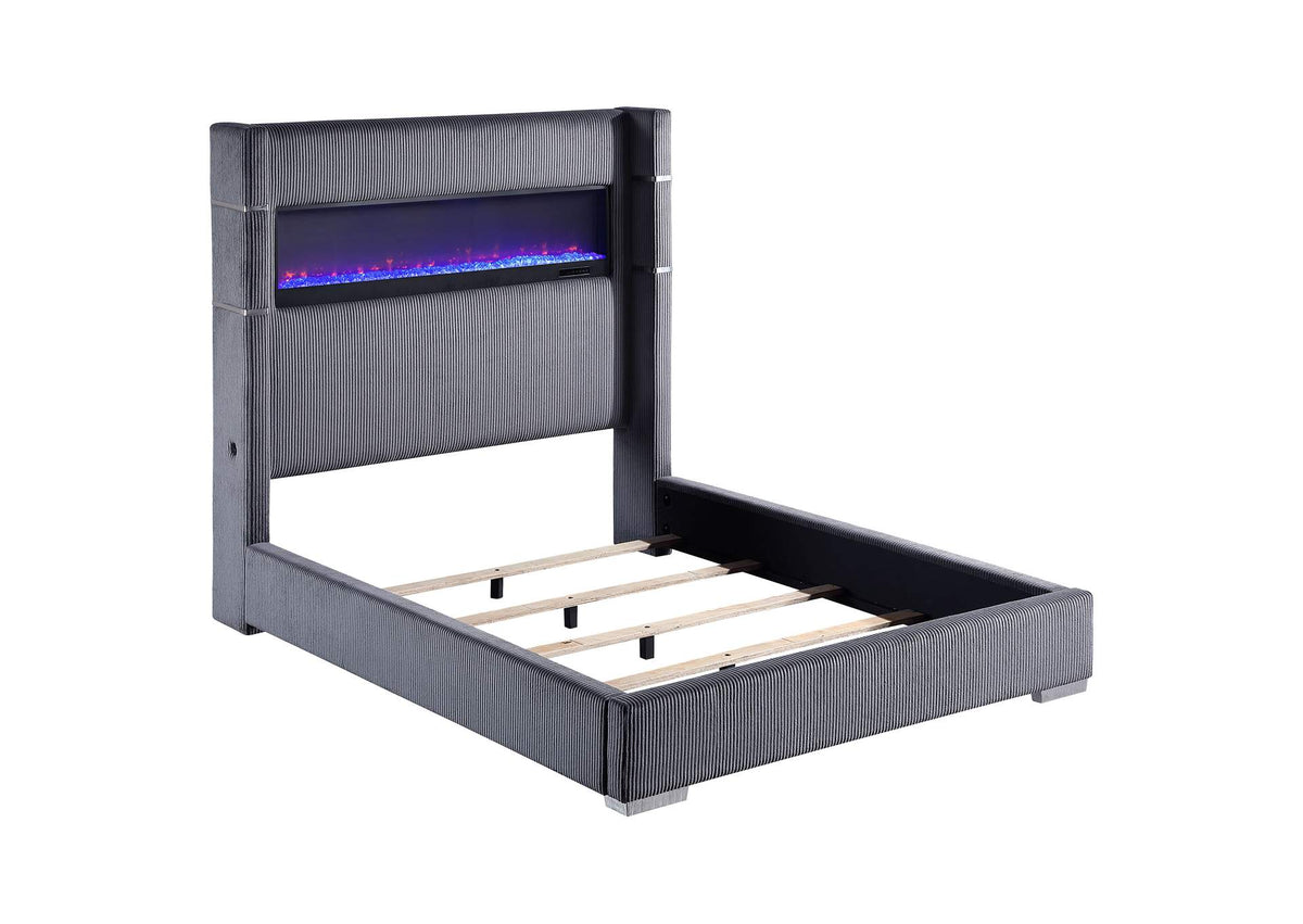 306030Q Tisdall Upholstered Queen Flame Visualizer Bed Grey