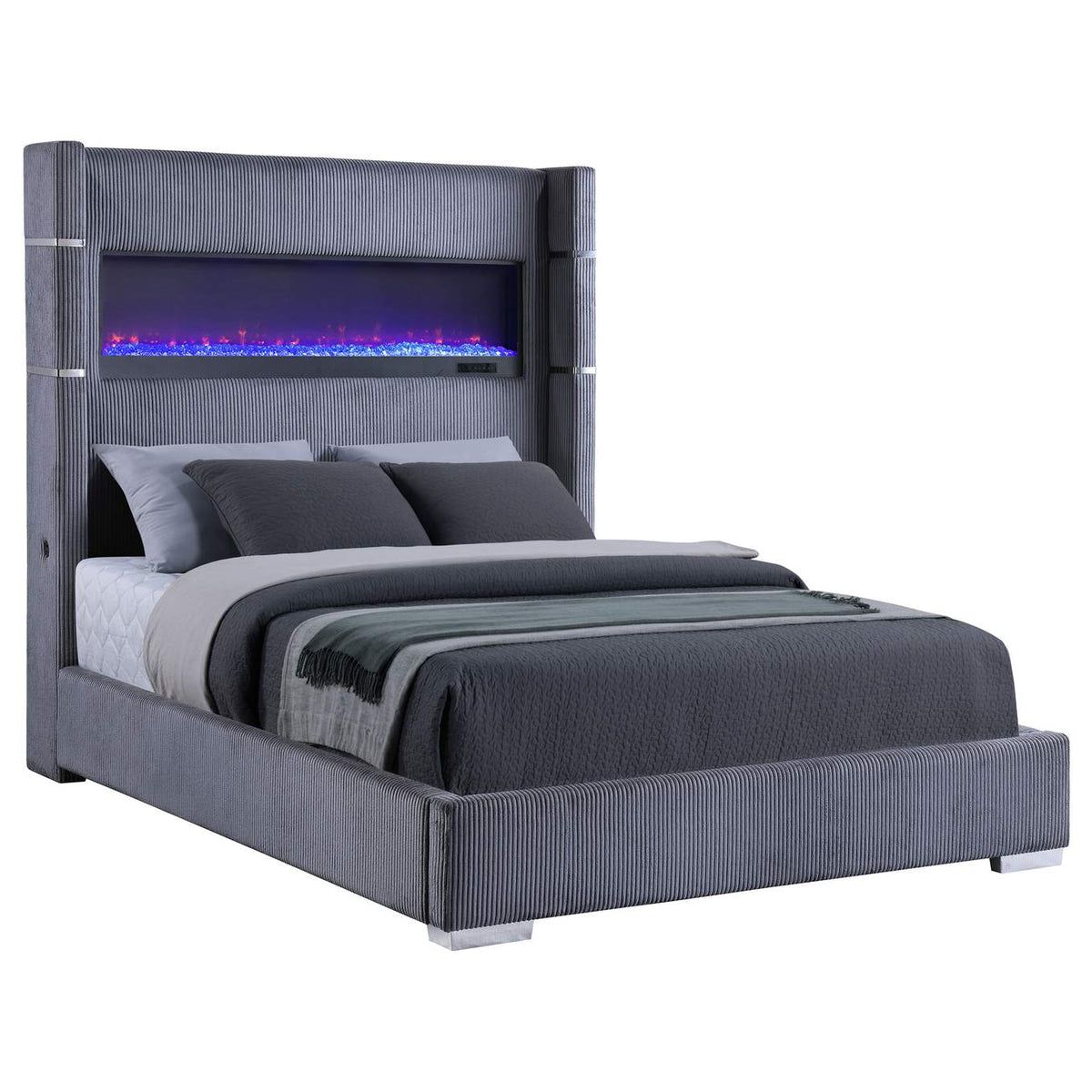 306030Q Tisdall Upholstered Queen Flame Visualizer Bed Grey