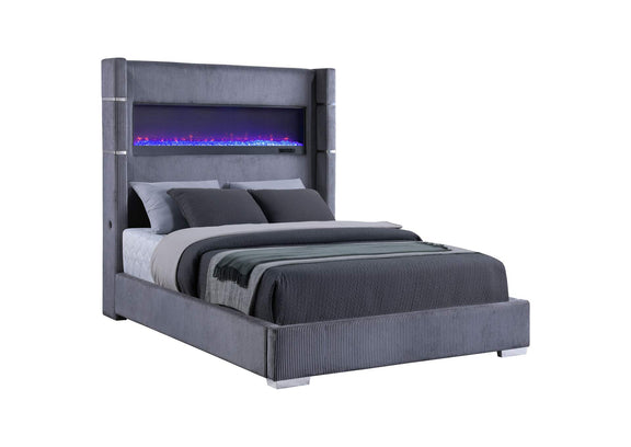 306030Q Tisdall Upholstered Queen Flame Visualizer Bed Grey