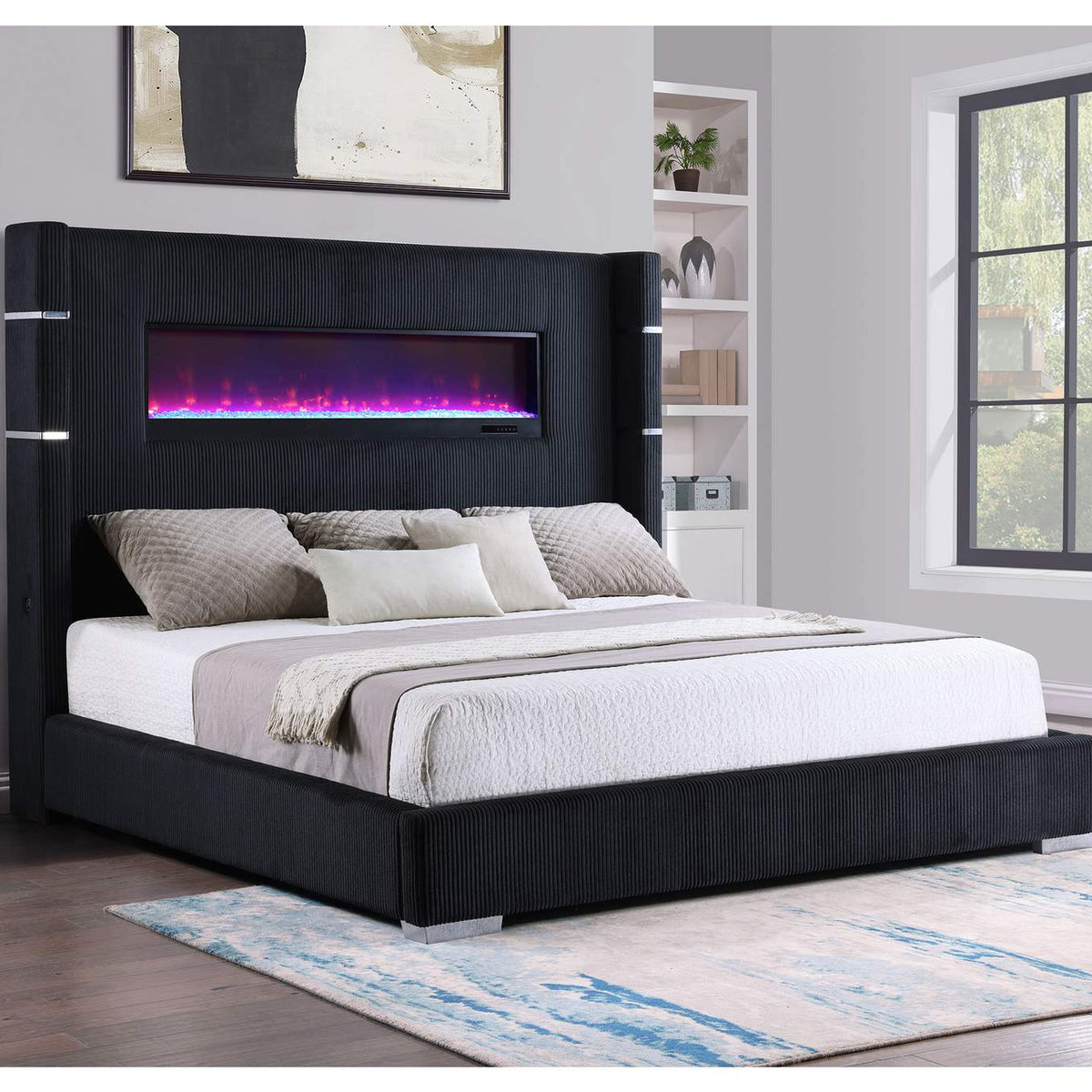 306031KE Tisdall Upholstered Eastern King Flame Visualizer Bed Black
