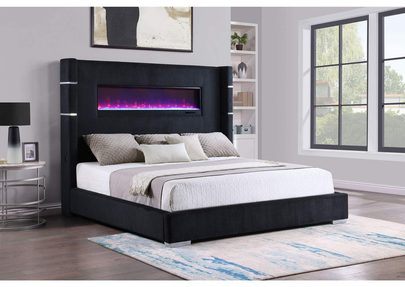 306031KW Tisdall Upholstered Cal King Flame Visualizer Bed Black