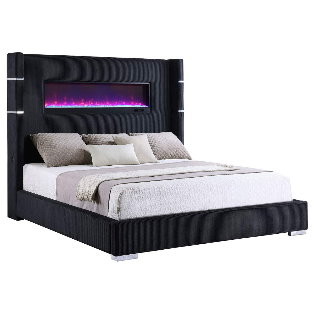 306031KW Tisdall Upholstered Cal King Flame Visualizer Bed Black