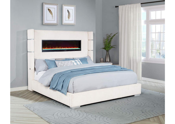 306032KE Tisdall Upholstered Eastern King Flame Visualizer Bed Cream