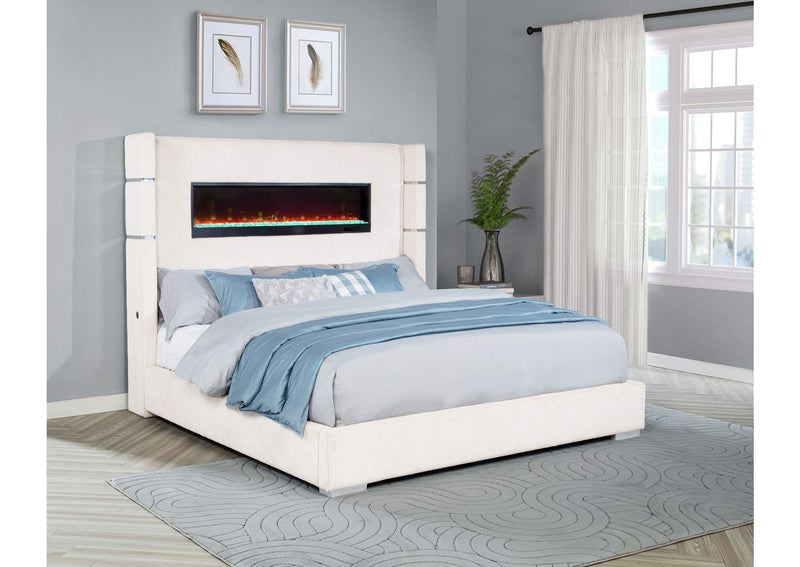 306032KE Tisdall Upholstered Eastern King Flame Visualizer Bed Cream