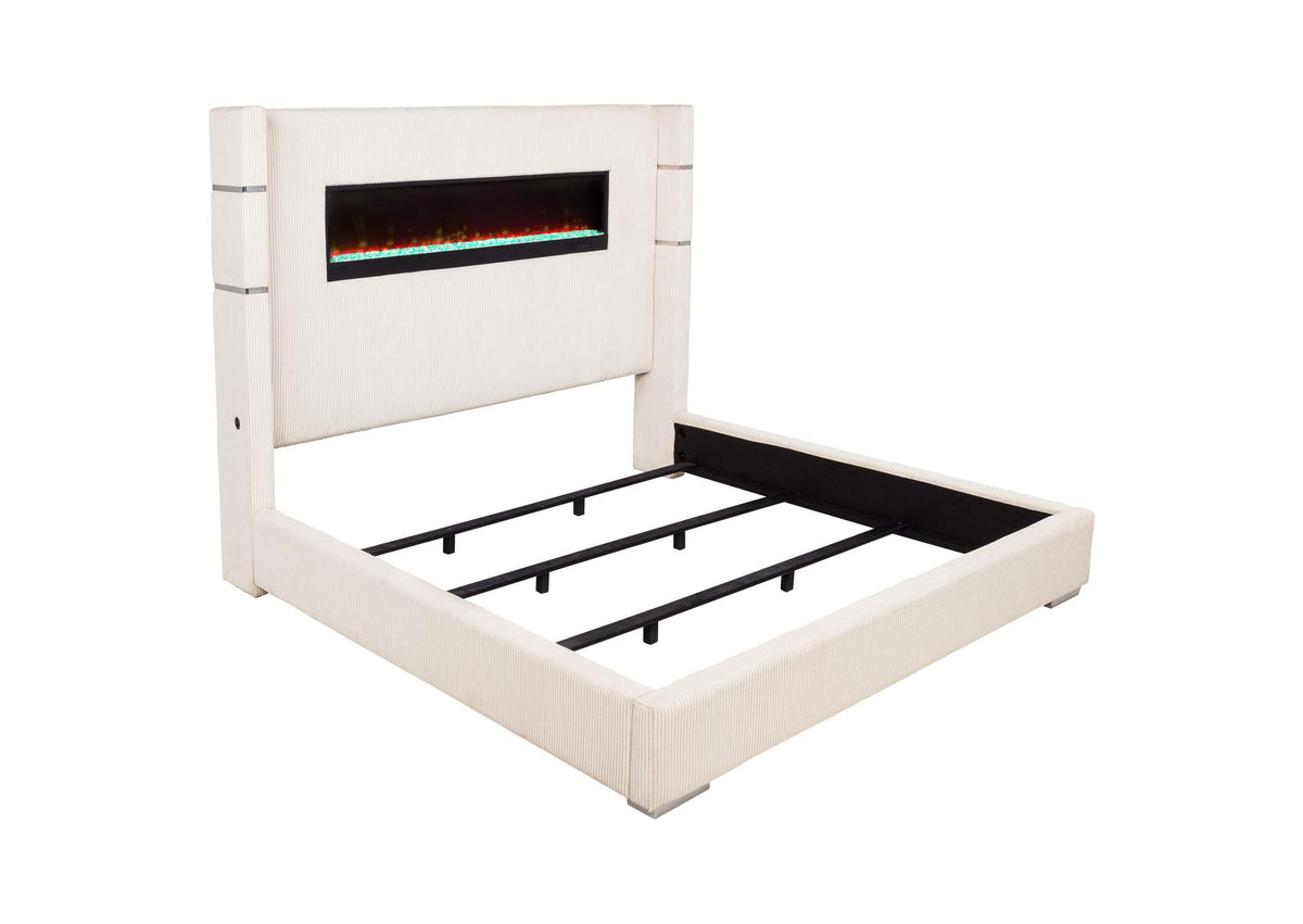 306032KE Tisdall Upholstered Eastern King Flame Visualizer Bed Cream