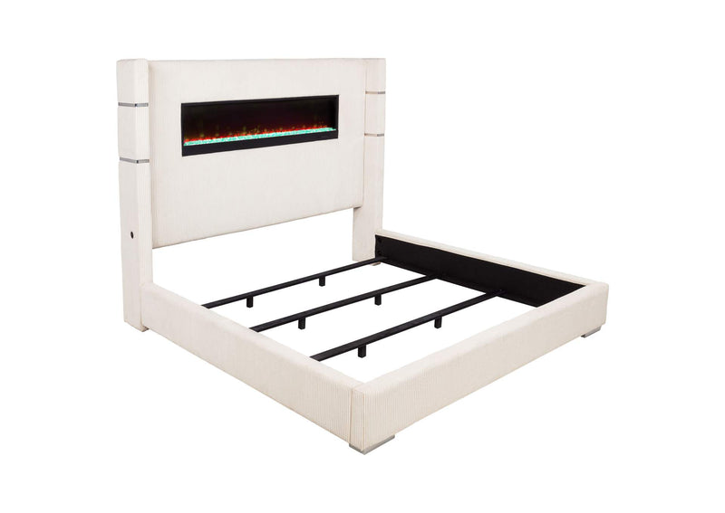 306032KE Tisdall Upholstered Eastern King Flame Visualizer Bed Cream