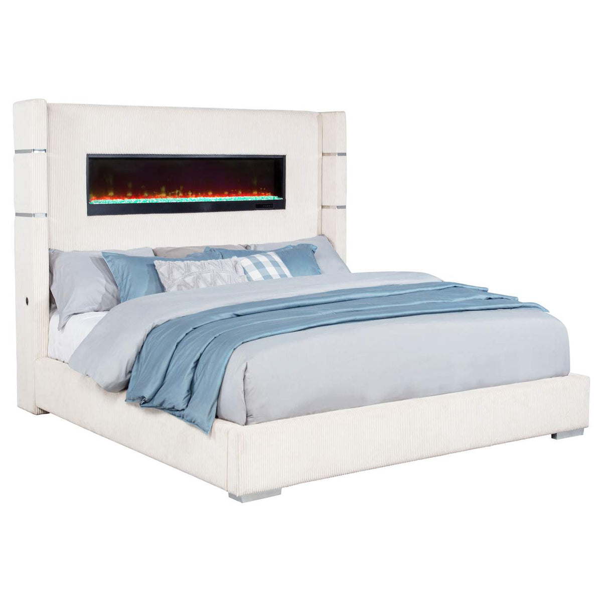 306032KE Tisdall Upholstered Eastern King Flame Visualizer Bed Cream