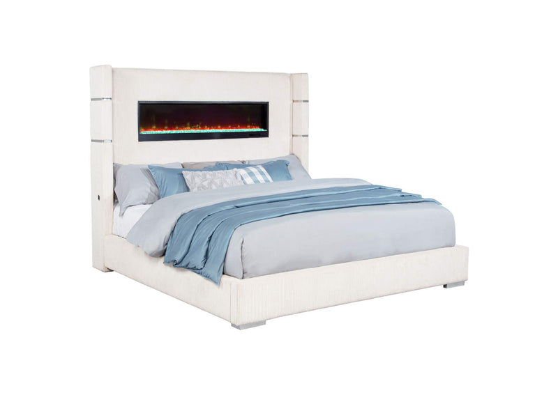 306032KE Tisdall Upholstered Eastern King Flame Visualizer Bed Cream