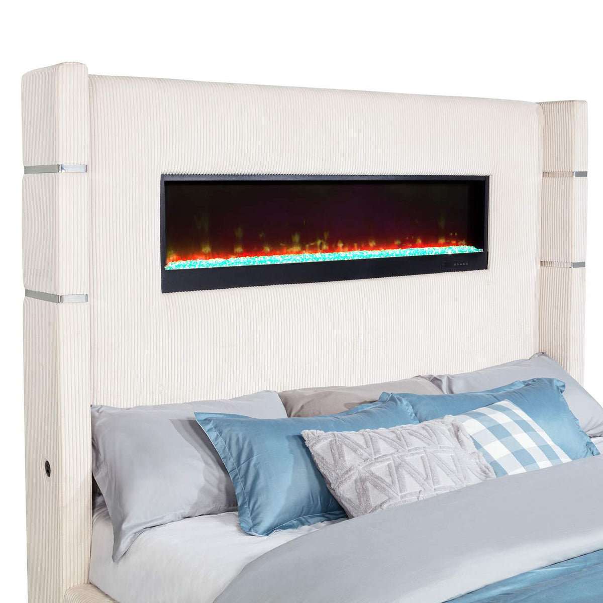 306032KE Tisdall Upholstered Eastern King Flame Visualizer Bed Cream